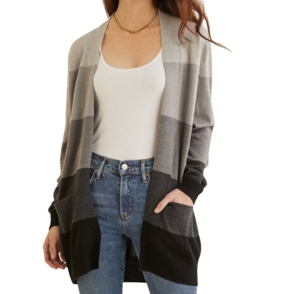 Amour Vert Gray Erica Wool Striped Cardigan Sweater